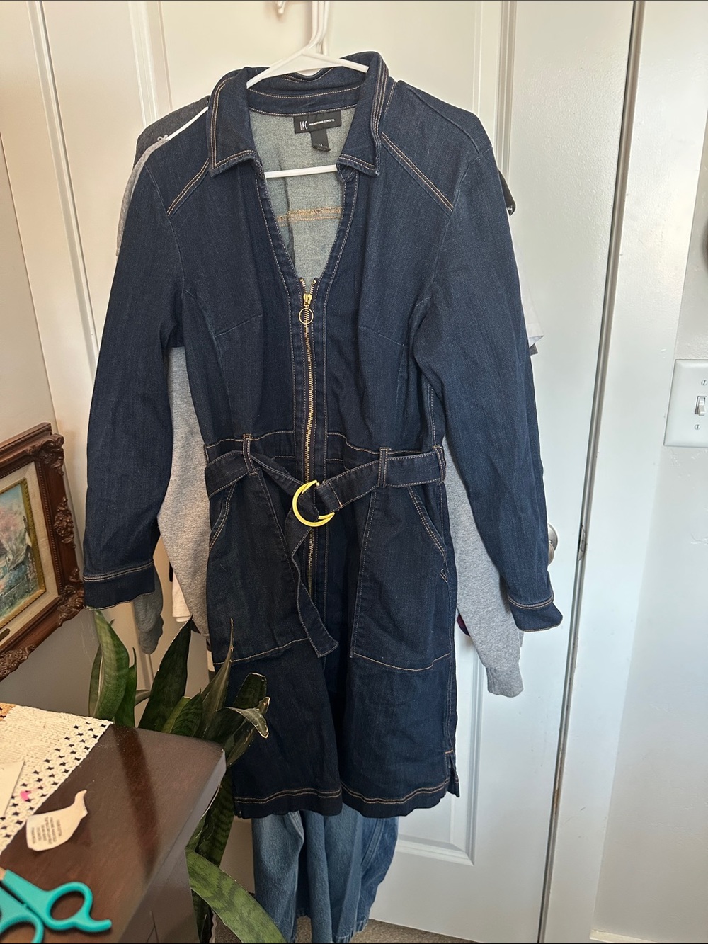 H&M Indigo Denim Zip-Front Belted Jumpsuit Dress